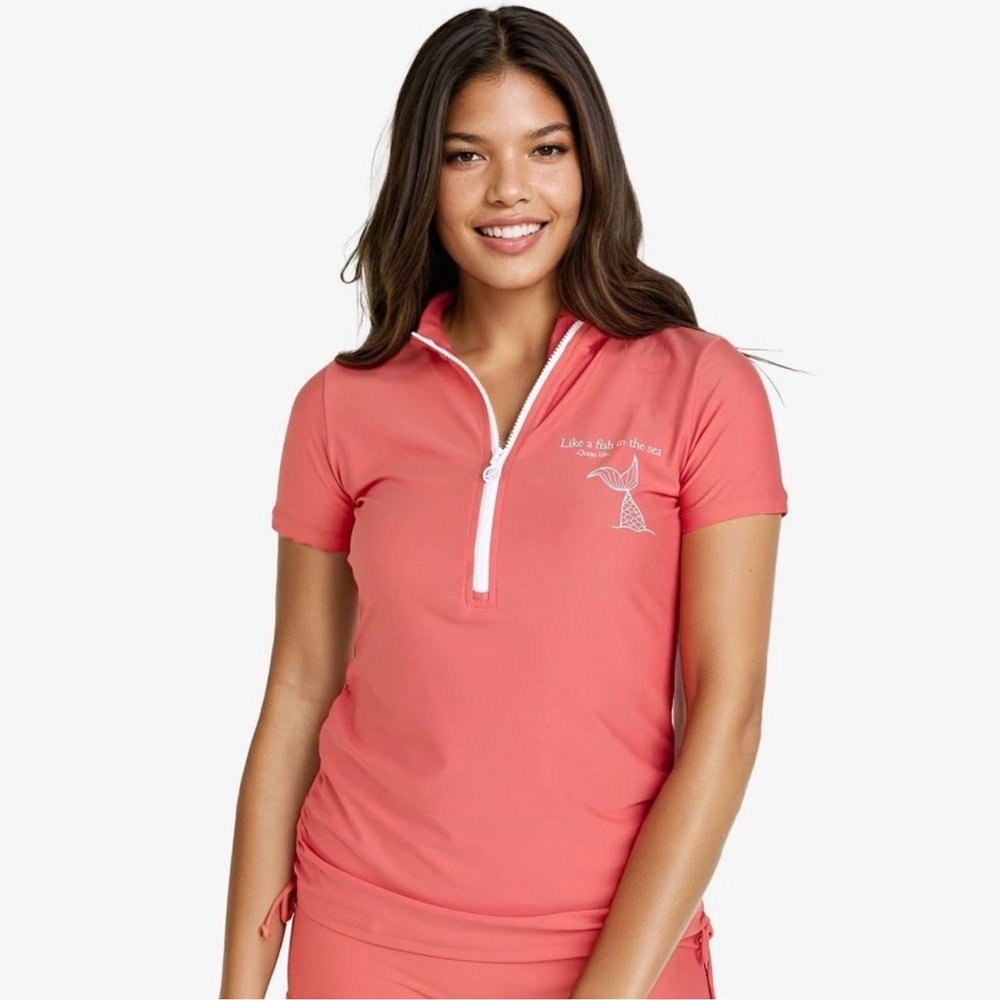 Calypsa Women's Half-Zip Short Sleeve Rashguard UPF 50+ Adele Swim Top -